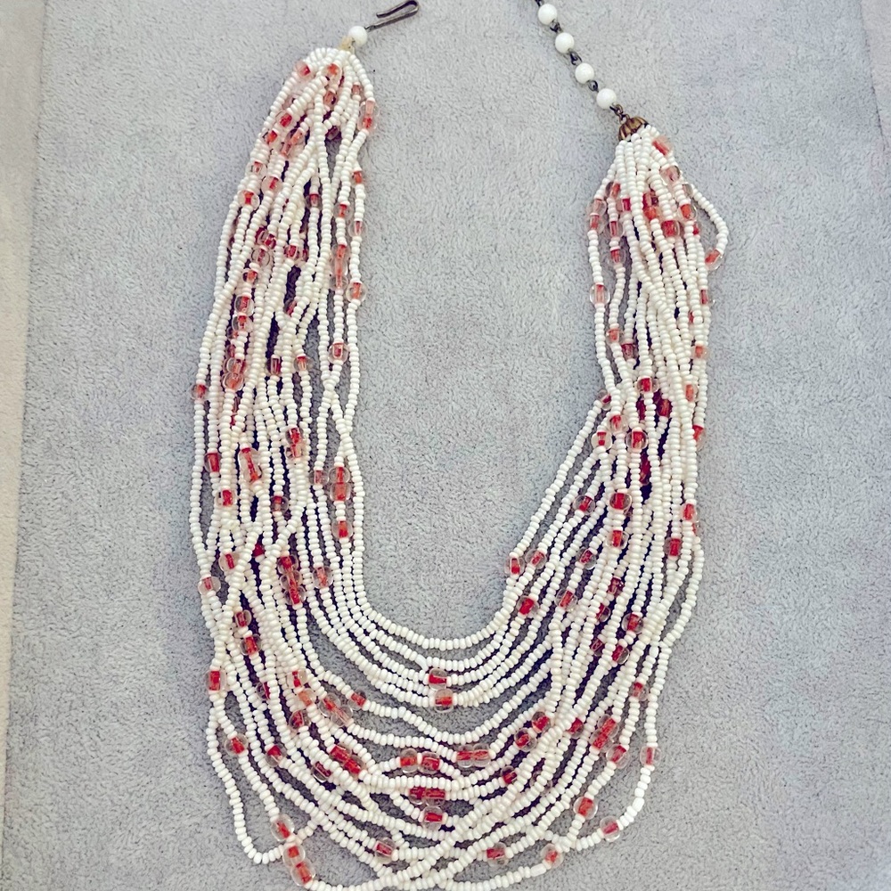 Retro glass bead pink and white multi strand necklace